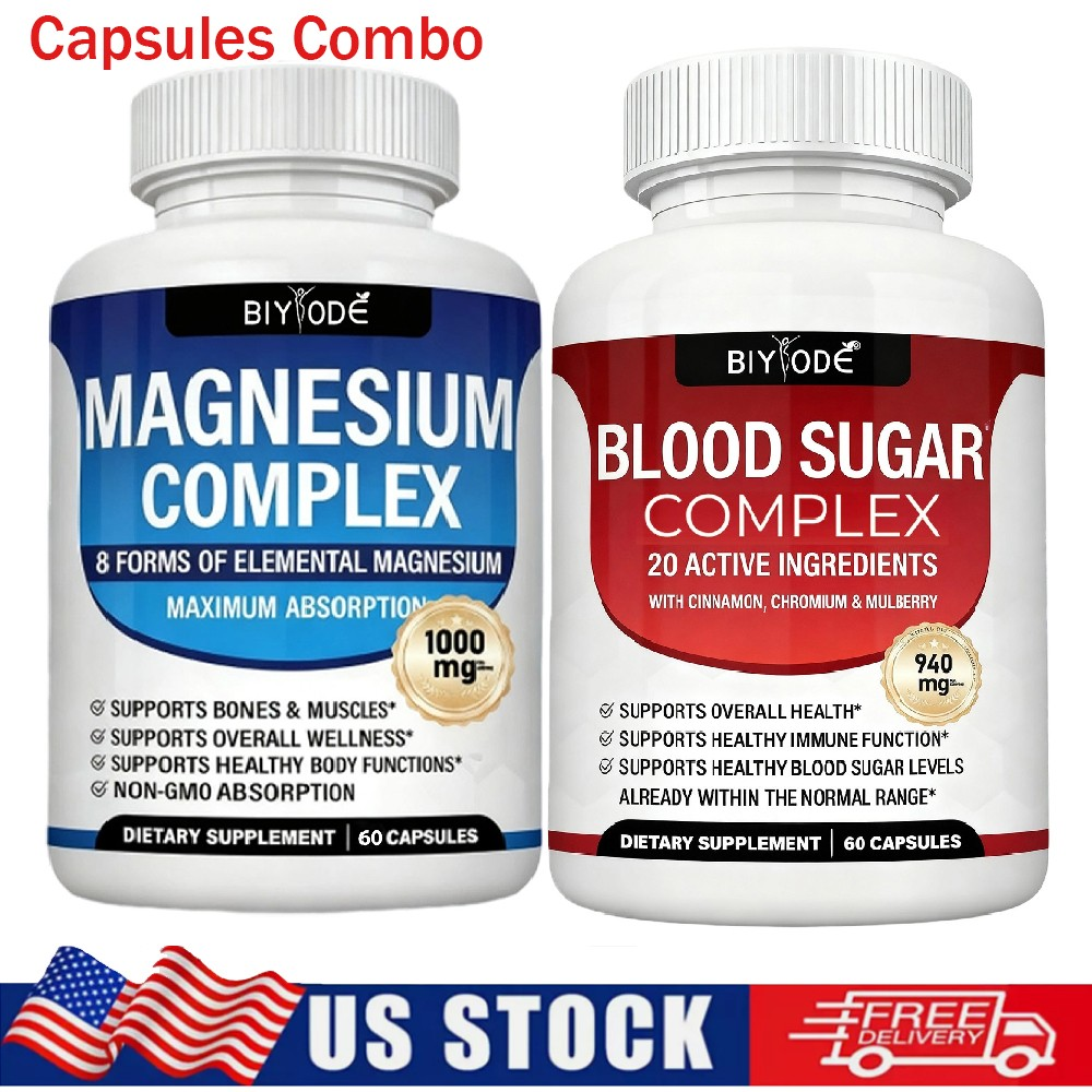 1/2X Magnesium 8 in 1 Complex 1000Mg & Blood Sugar Blend Supplement Combo