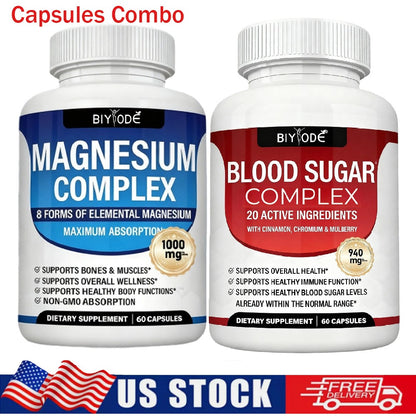 1/2X Magnesium 8 in 1 Complex 1000Mg & Blood Sugar Blend Supplement Combo