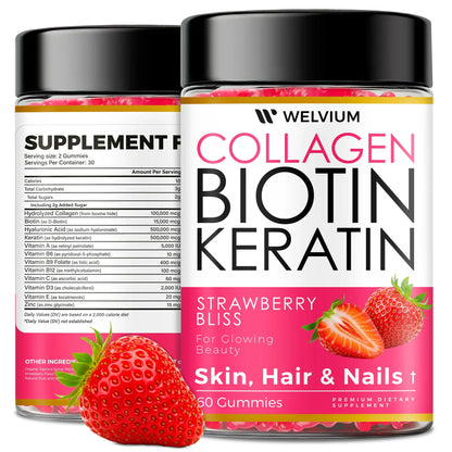 WELVIUM Biotin + Collagen Gummies with Keratin, Hyaluronic Acid, Zinc & Vitamins for Hair Growth, Skin Health & Stronger Nails Healthcare Supplement Fitness Dietary Edible Colagen Beauty Bathroom Beauty Dietary Colagen