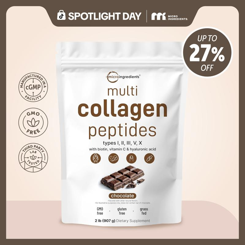Micro Ingredients Multi Collagen Peptides Powder - Hydrolyzed Protein Peptides (Type I,II,III,V,X) with Hyaluronic Acid, Biotin & Vitamin C Unflavored