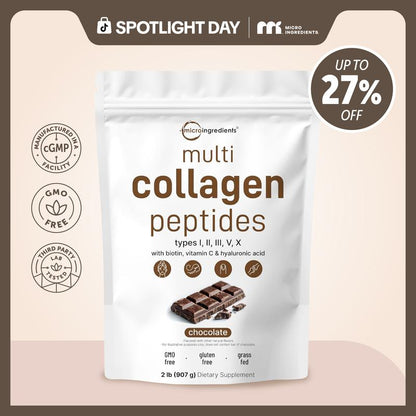 Micro Ingredients Multi Collagen Peptides Powder - Hydrolyzed Protein Peptides (Type I,II,III,V,X) with Hyaluronic Acid, Biotin & Vitamin C Unflavored