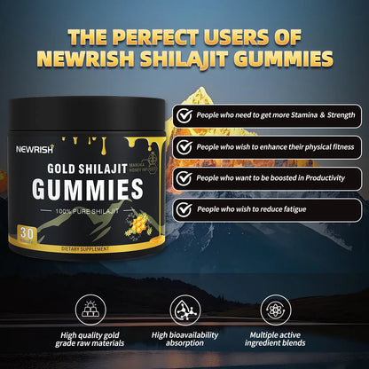 Newrish Gold Grade 100% Pure Shilajit Gummies | 85+ Trace Minerals and Fulvic Acid | All Natural | Immune and Energy Support | 30 Gummies