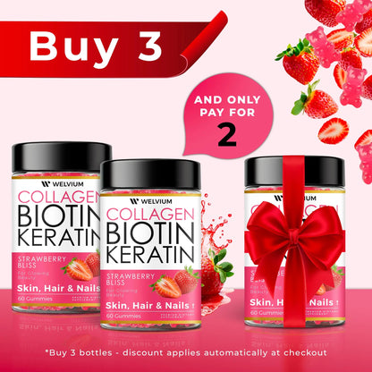 WELVIUM Biotin + Collagen Gummies with Keratin, Hyaluronic Acid, Zinc & Vitamins for Hair Growth, Skin Health & Stronger Nails Healthcare Supplement Fitness Dietary Edible Colagen Beauty Bathroom Beauty Dietary Colagen