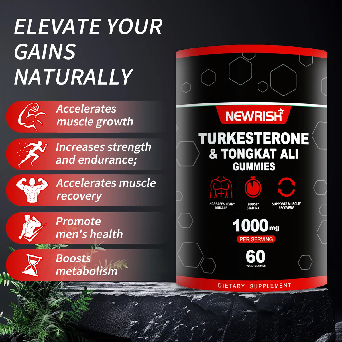 Newrish Strength Gummies - Contains Turkstan Charantia and Tongkat Ali Extracts - Immunoglobulins - Enhances Strength and Muscle Growth - 60 Gummies