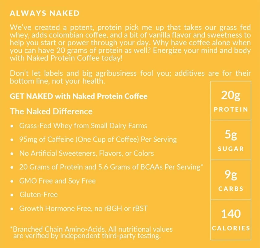 NAKED Vanilla Latte Protein Coffee - Premium Instant Coffee - Protein Shake, Iced Coffee, Protein Drinks, Delicious Keto Friendly and Gluten Free, 17 Servings