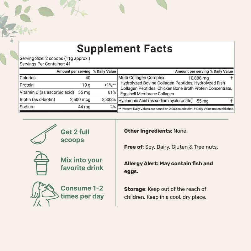 Micro Ingredients Multi Collagen Peptides Powder - Hydrolyzed Protein Peptides (Type I,II,III,V,X) with Hyaluronic Acid, Biotin & Vitamin C Unflavored