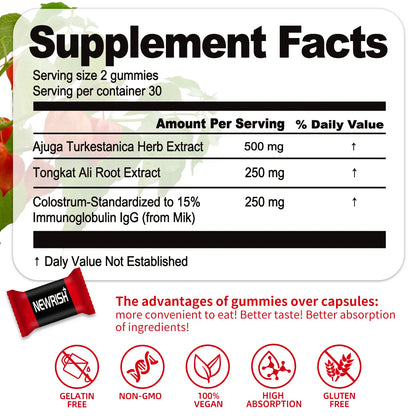 Newrish Strength Gummies - Contains Turkstan Charantia and Tongkat Ali Extracts - Immunoglobulins - Enhances Strength and Muscle Growth - 60 Gummies