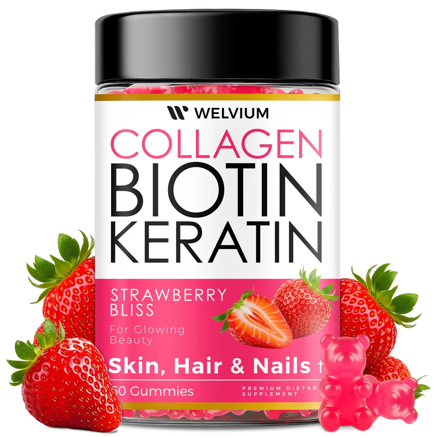 WELVIUM Biotin + Collagen Gummies with Keratin, Hyaluronic Acid, Zinc & Vitamins for Hair Growth, Skin Health & Stronger Nails Healthcare Supplement Fitness Dietary Edible Colagen Beauty Bathroom Beauty Dietary Colagen