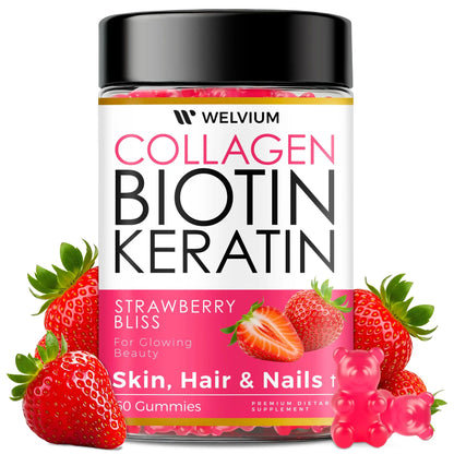 WELVIUM Biotin + Collagen Gummies with Keratin, Hyaluronic Acid, Zinc & Vitamins for Hair Growth, Skin Health & Stronger Nails Healthcare Supplement Fitness Dietary Edible Colagen Beauty Bathroom Beauty Dietary Colagen