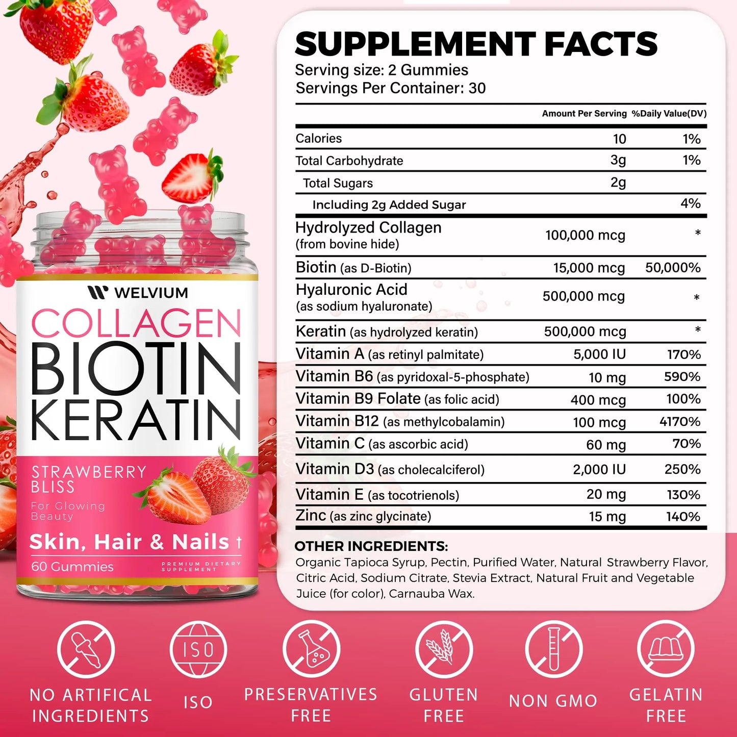 WELVIUM Biotin + Collagen Gummies with Keratin, Hyaluronic Acid, Zinc & Vitamins for Hair Growth, Skin Health & Stronger Nails Healthcare Supplement Fitness Dietary Edible Colagen Beauty Bathroom Beauty Dietary Colagen