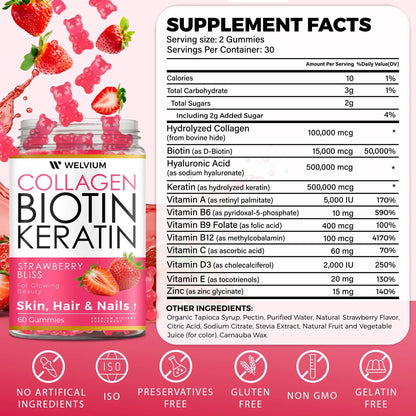 WELVIUM Biotin + Collagen Gummies with Keratin, Hyaluronic Acid, Zinc & Vitamins for Hair Growth, Skin Health & Stronger Nails Healthcare Supplement Fitness Dietary Edible Colagen Beauty Bathroom Beauty Dietary Colagen