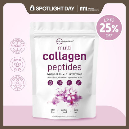 Micro Ingredients Multi Collagen Peptides Powder - Hydrolyzed Protein Peptides (Type I,II,III,V,X) with Hyaluronic Acid, Biotin & Vitamin C Unflavored